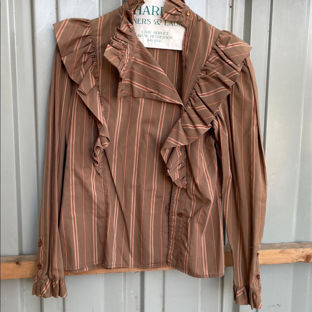 Brown Striped Ruffle Blouse